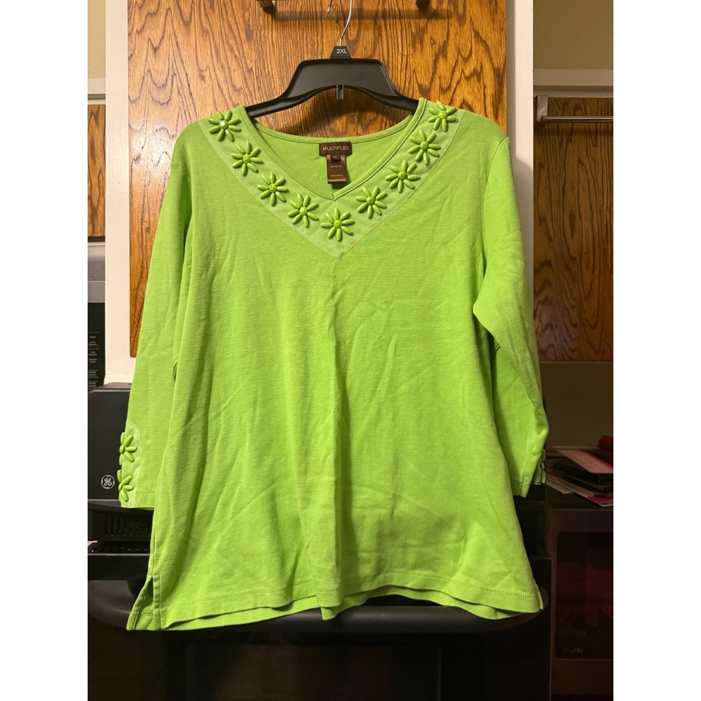Multiples Womens XL Lime Green V-Neck 3/4 Sleeve Floral Beaded Cotton Top